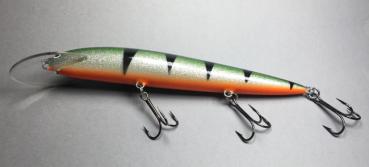 Karikko XXL Glanz-Wobbler, Farbe: Green Perch Silver 026, Länge: 24 cm, schwimmend, von Suomen Uistin The Finnish Lure Company (Jarmo Rapala) - Kopie